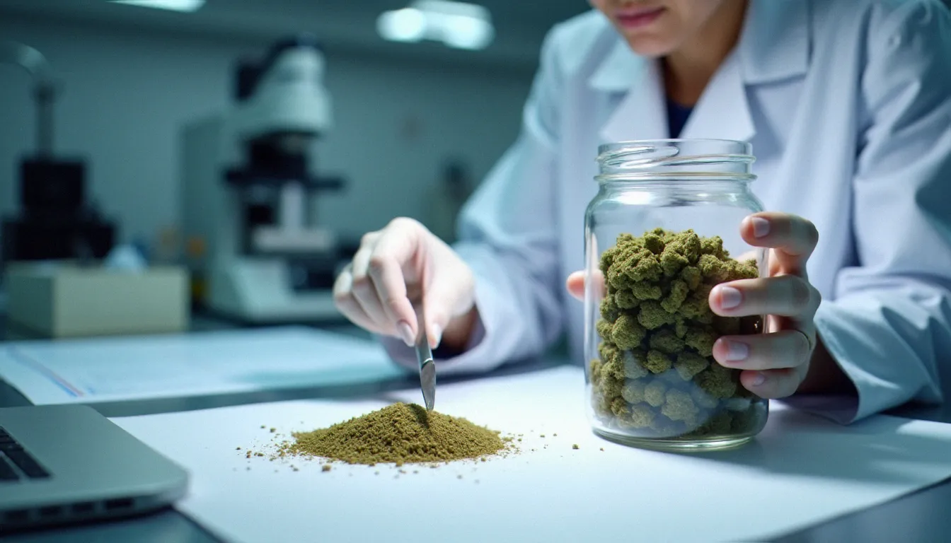 Technicien en laboratoire inspectant des fleurs de chanvre CBD pour contrôle qualité avant fabrication de pre rolls