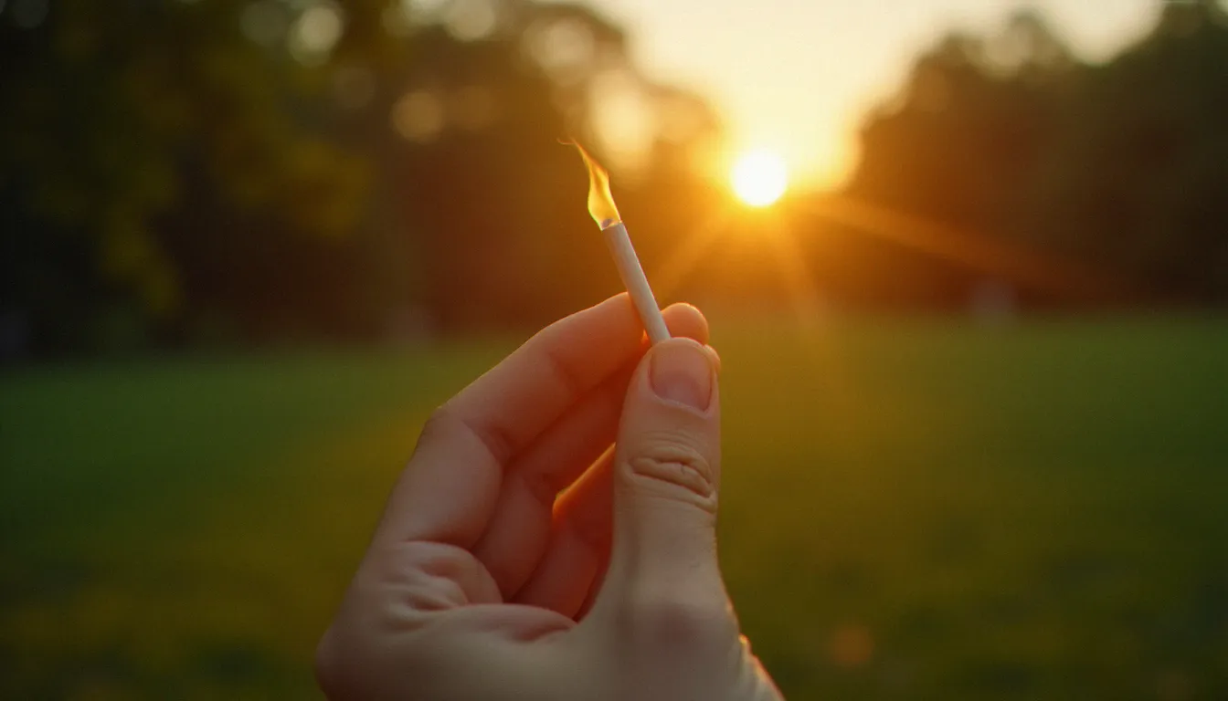 Main tenant un pre roll CBD allumé en extérieur au coucher du soleil, ambiance relaxante et naturelle