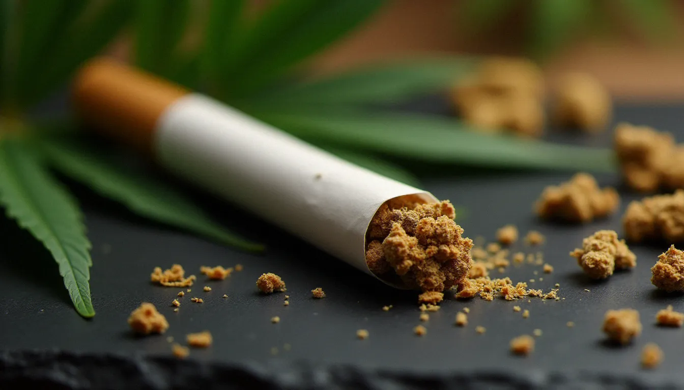 Pre roll CBD Hollyweed posé sur une ardoise avec des fleurs de chanvre séchées autour, vue en gros plan