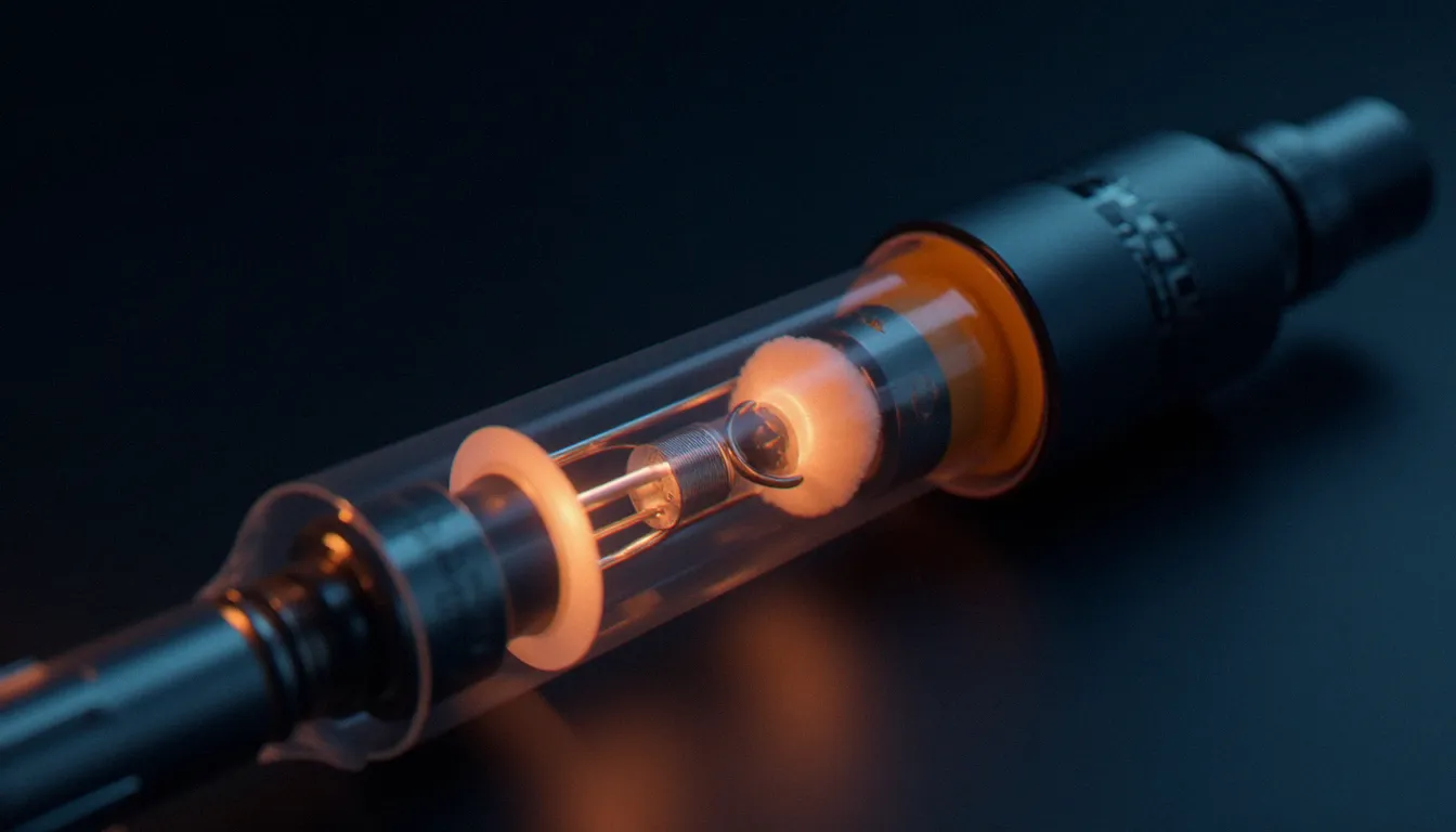 Vue en coupe transparente d'une puff CBD révélant la résistance chauffante incandescente et la vapeur produite par le système de vaporisation interne