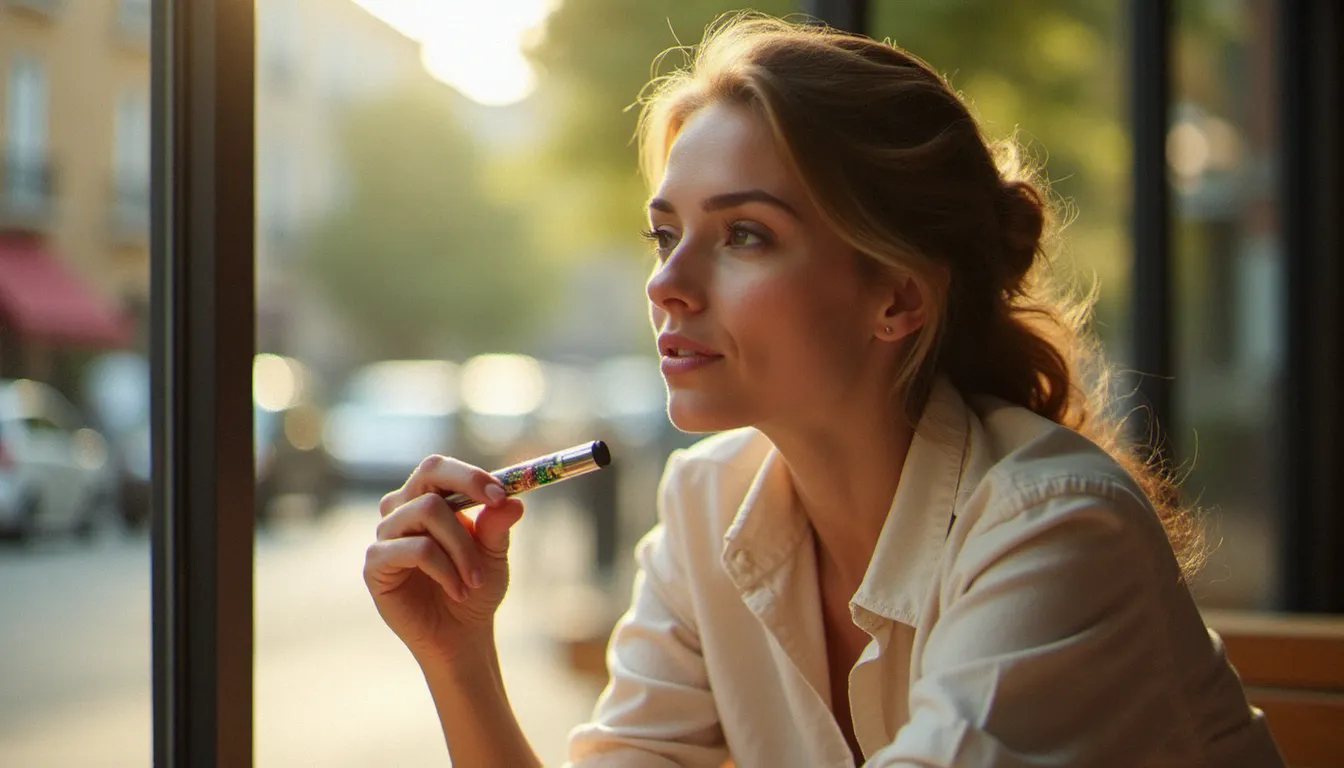Jeune femme détendue tenant une puff CBD dans un café ensoleillé, illustrant la praticité et l'usage quotidien discret du produit