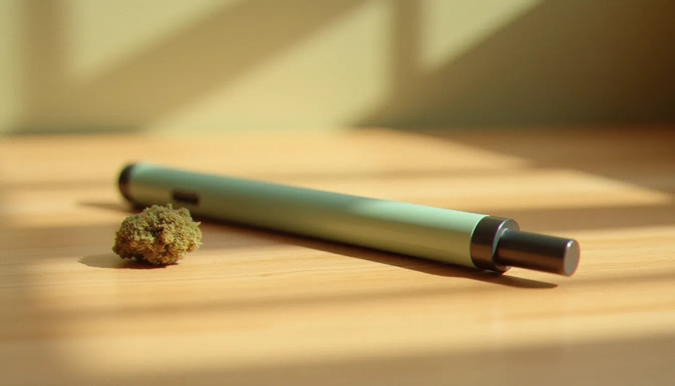 Puff CBD pastel posée sur une surface en bois naturel avec une fleur de chanvre séchée, photographie produit professionnelle en lumière naturelle
