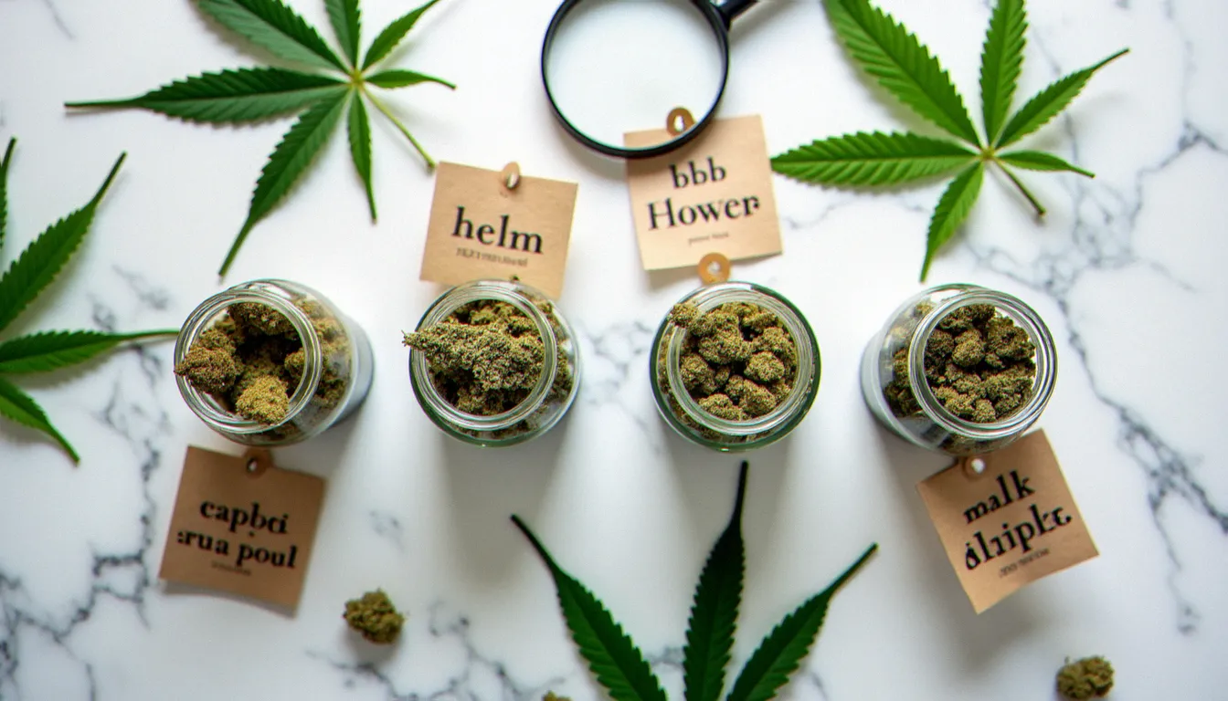 Différentes variétés de space CBD disposées dans des bocaux en verre sur marbre blanc, illustrant la diversité des souches disponibles