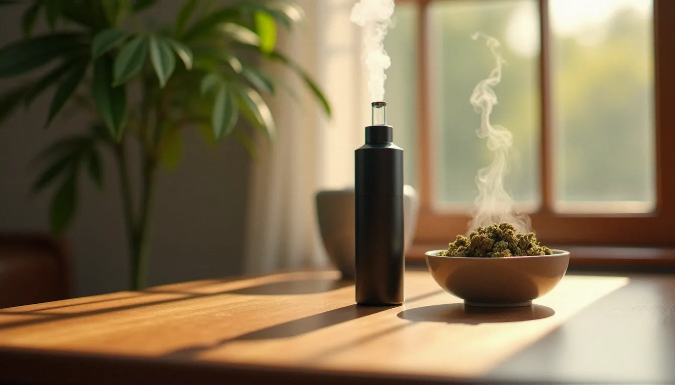 Vaporisateur et fleurs de space cbd séchées sur un bureau en bois, illustrant une méthode de consommation légale sans combustion