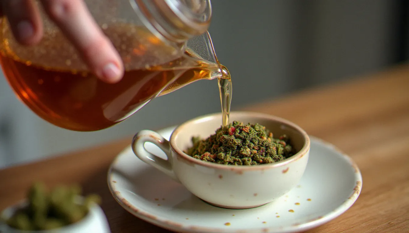 Préparation d'une tisane CBD avec versement d'eau chaude sur des fleurs de chanvre dans une passoire céramique