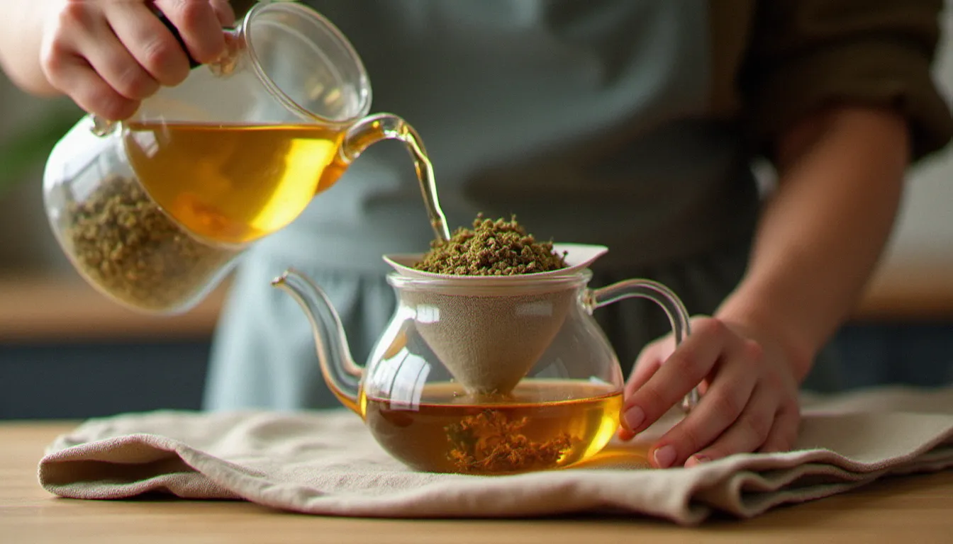 Préparation d'une tisane CBD avec versement d'eau chaude sur des fleurs de chanvre dans une passoire en verre