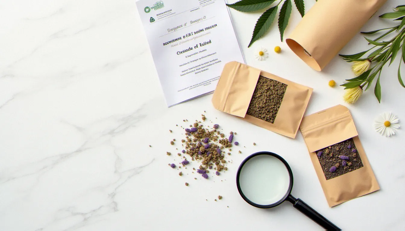 Sélection de mélanges de tisane CBD avec fleurs de chanvre et documents de certification laboratoire pour choisir un produit de qualité