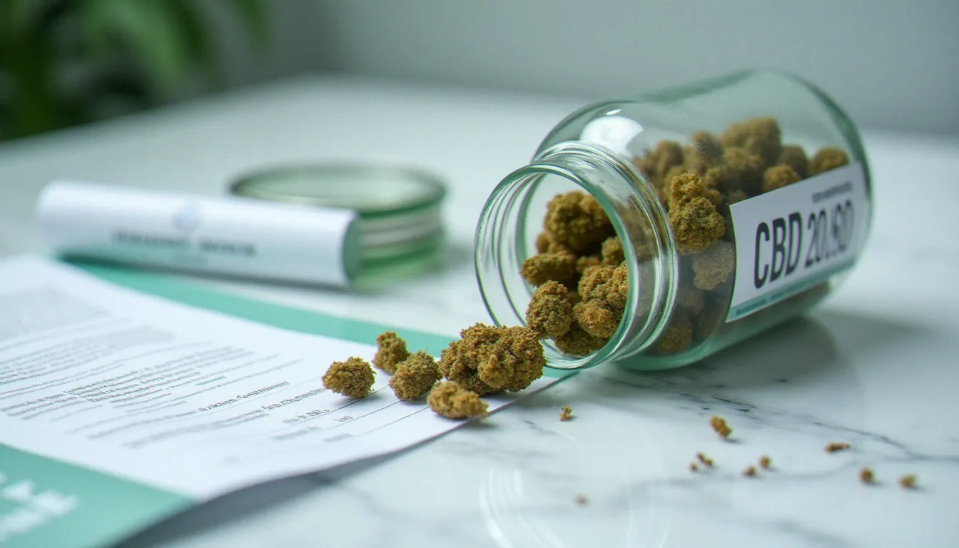Pot en verre de fleurs de chanvre CBD séchées accompagné d'un certificat d'analyse laboratoire sur surface blanche, illustration du critère de qualité