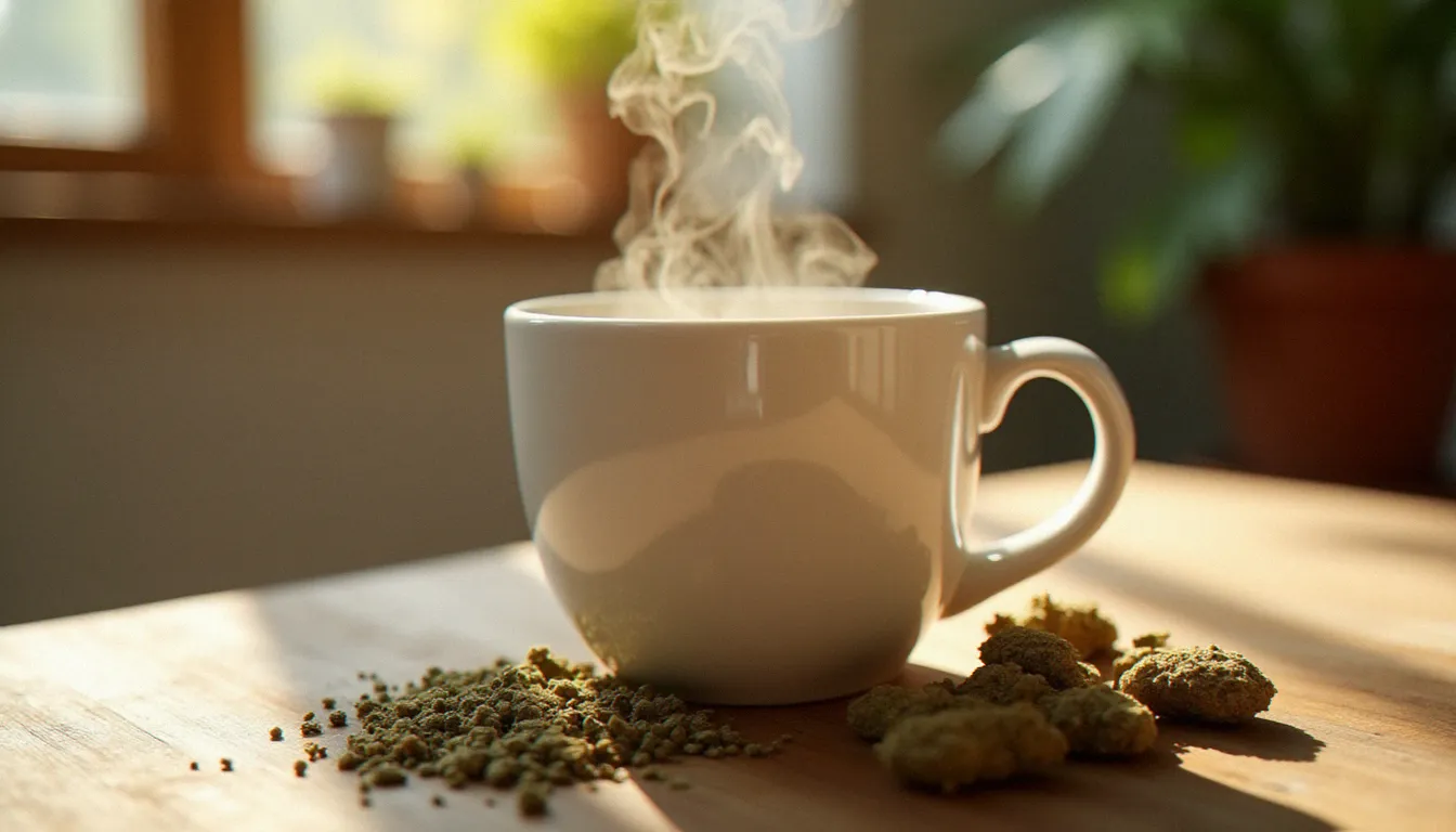 Tasse de tisane CBD fumante posée sur une table en bois avec des fleurs de chanvre séchées à côté