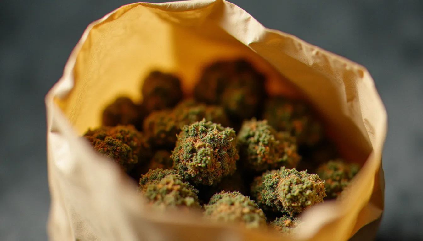 Gros plan sur la composition d'une tisane CBD Hollyweed avec fleurs de chanvre séchées, lavande et camomille dans un sachet ouvert