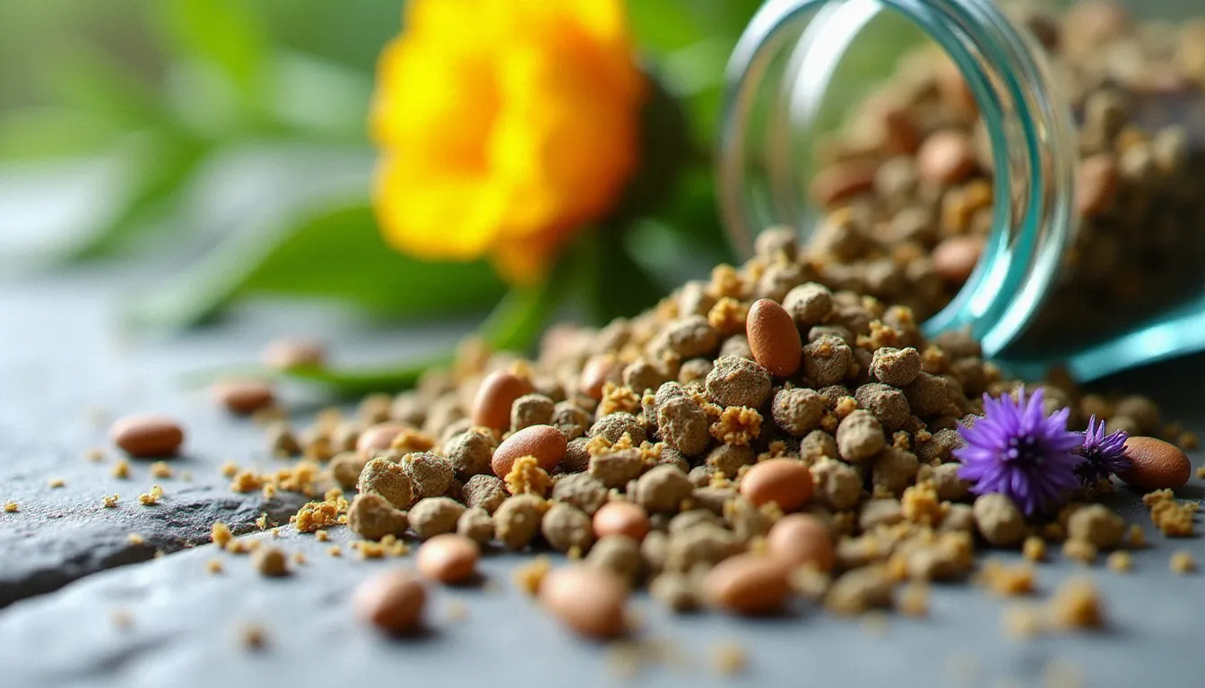 Composition botanique des ingrédients d'une tisane CBD avec fleurs de chanvre, camomille et lavande sur fond de pierre naturelle