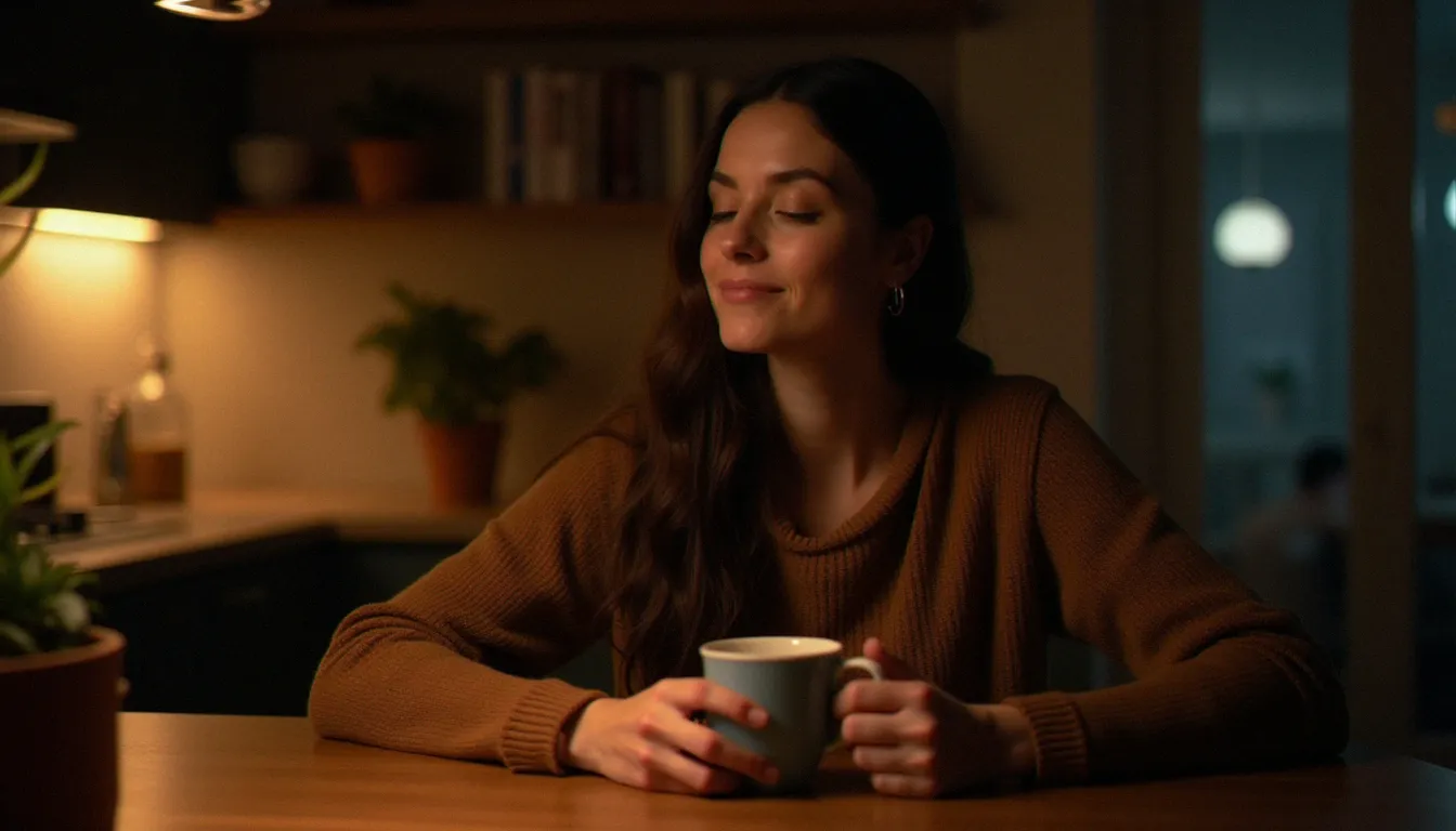 Femme détendue tenant une tasse de tisane CBD dans une cuisine chaleureuse le soir, illustrant l'usage relaxant de la tisane CBD Hollyweed