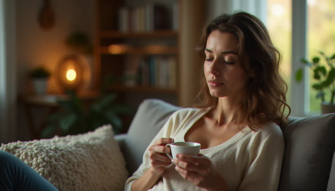 Femme détendue savourant une tisane CBD Hollyweed le soir dans un intérieur chaleureux, illustrant les effets relaxants du cannabidiol