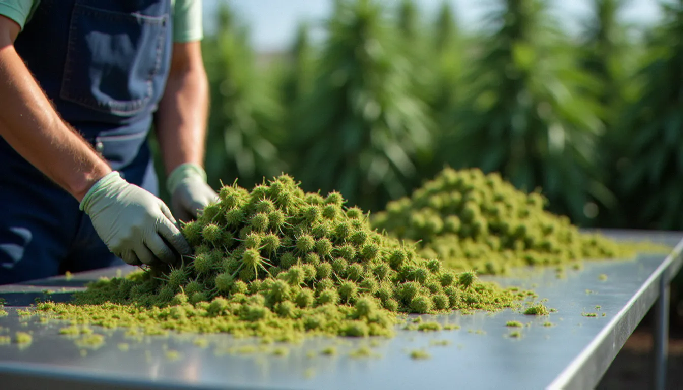 Travailleur agricole réalisant le trimming manuel de plants de chanvre CBD dans une exploitation agricole en plein air