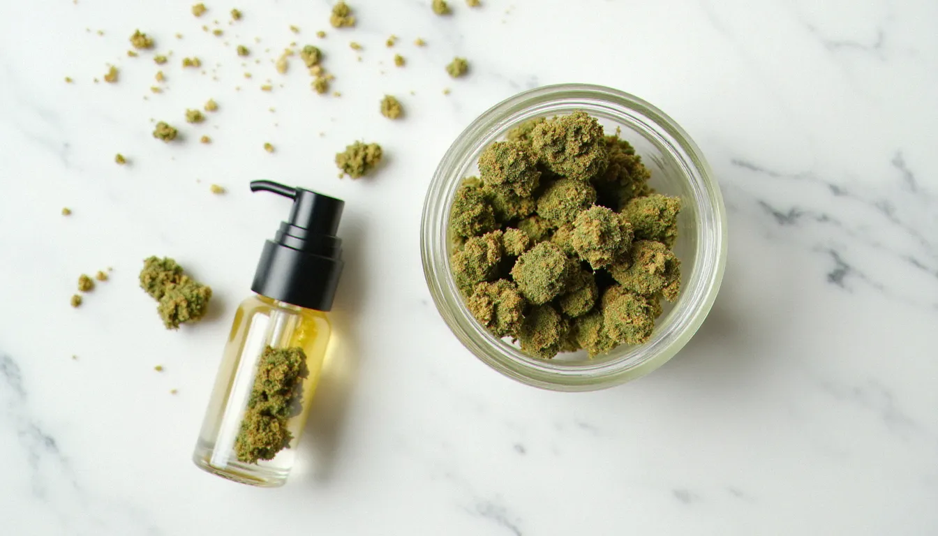 Vue de dessus d'un bocal de trim CBD sec à côté d'une fiole d'huile de chanvre, montrant les cristaux de résine sur les feuilles sucrées