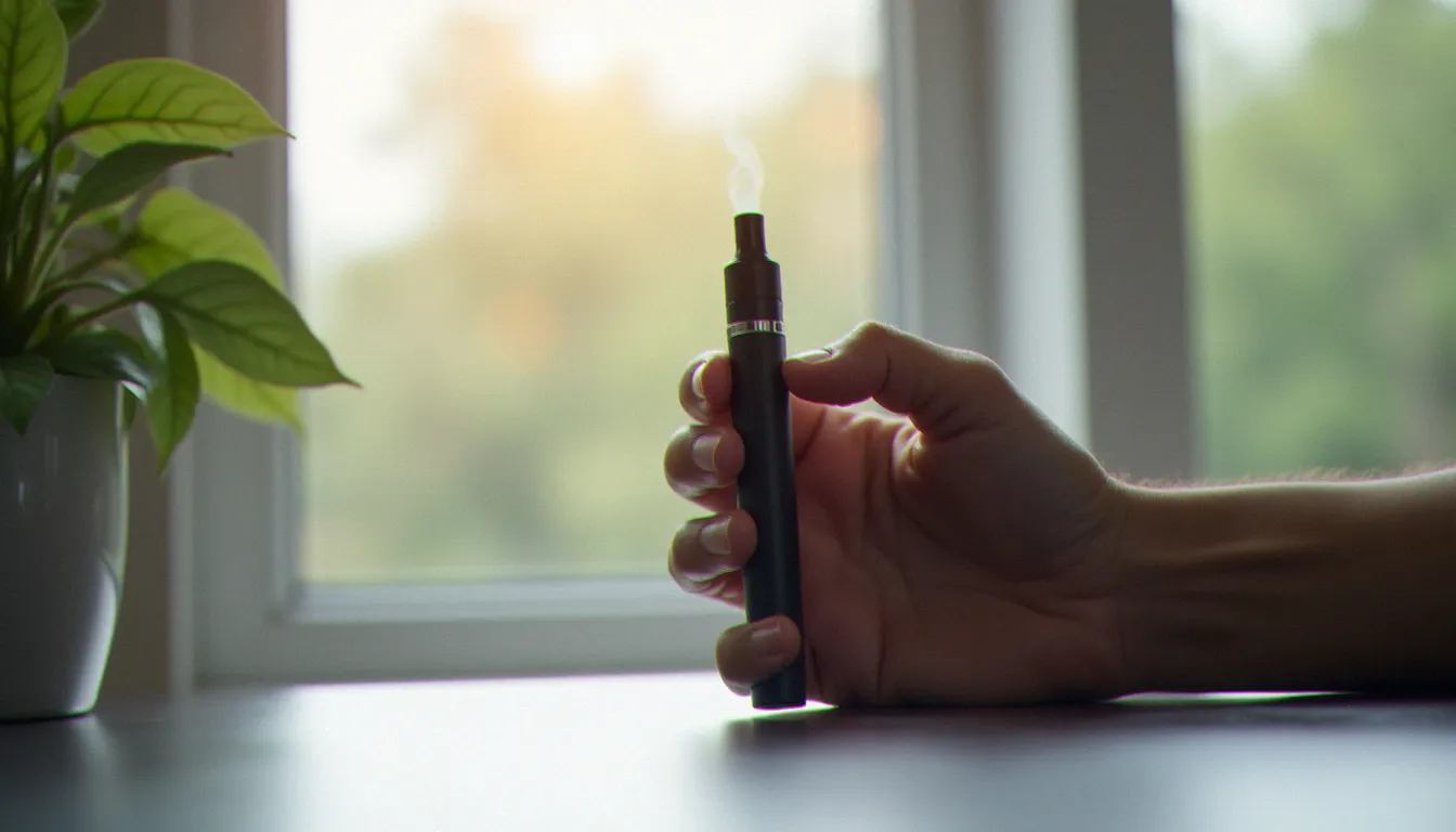 Main tenant un vaporisateur CBD élégant avec un léger nuage de vapeur, illustration de la vape CBD en usage quotidien