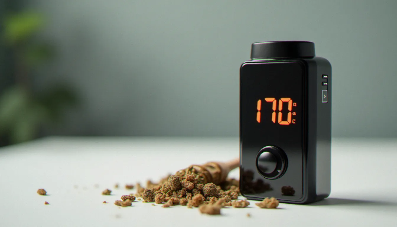 Affichage numérique indiquant 170 degrés Celsius sur un vaporisateur CBD posé à côté d'herbes botaniques séchées