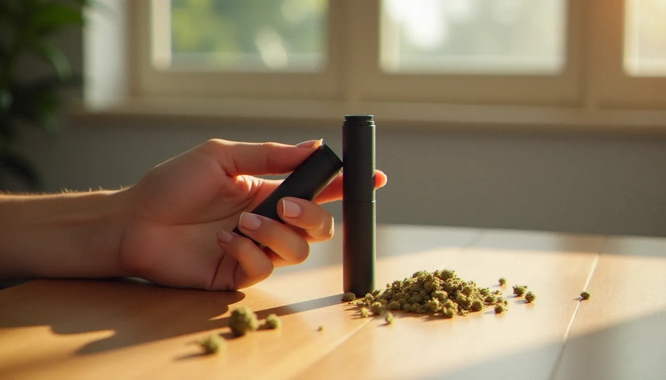 Vaporisateur CBD portable tenu en main près de fleurs de chanvre séchées sur une table en bois, lumière naturelle douce