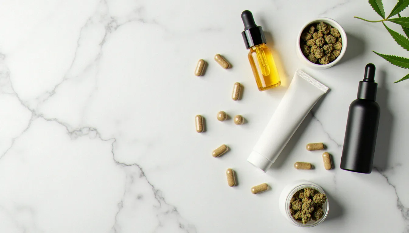 Vue aérienne de différentes formes de consommation de CBD — huile, gélules, fleurs et crème — pour comparer les modes d'administration