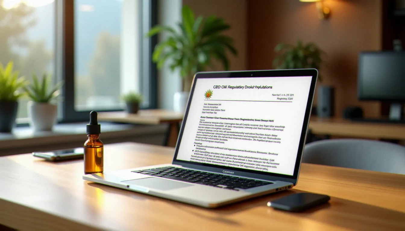 Bureau avec ordinateur portable affichant un document réglementaire et une huile CBD, illustrant la veille juridique sur le cannabidiol en Suisse