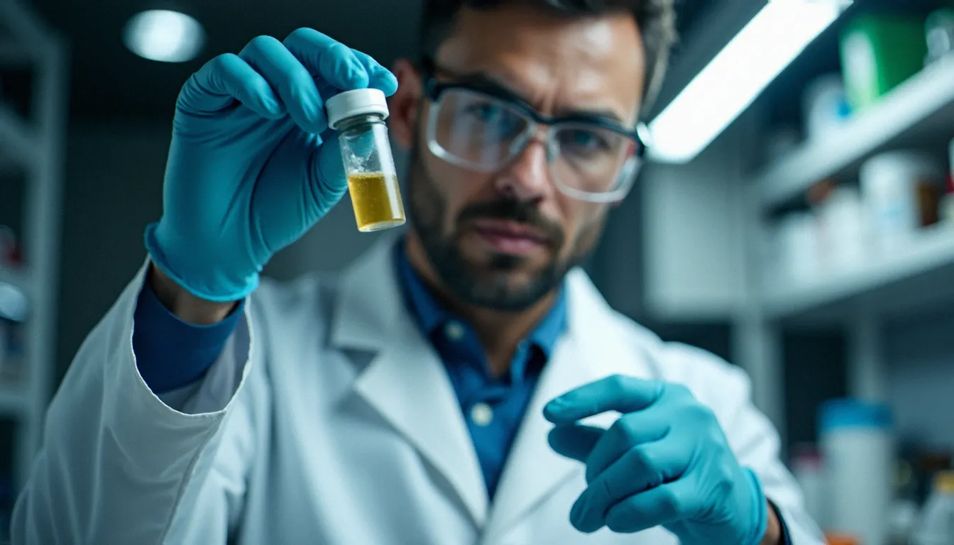Chercheuse en blouse blanche analysant un extrait de CBD en laboratoire, représentant l'évaluation scientifique de la fiabilité des informations sur le cannabidiol