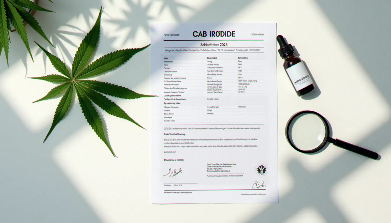 Certificat d'analyse laboratoire posé à côté d'un flacon d'huile CBD et de feuilles de chanvre, illustrant les critères de qualité d'un produit CBD