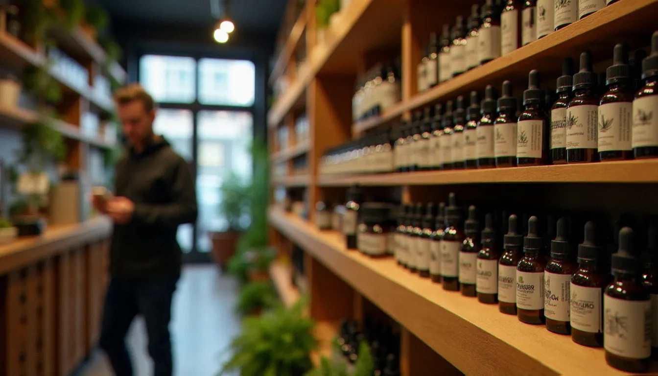 Intérieur d'une boutique CBD spécialisée française avec des rayons ordonnés de produits au cannabidiol et un vendeur en arrière-plan