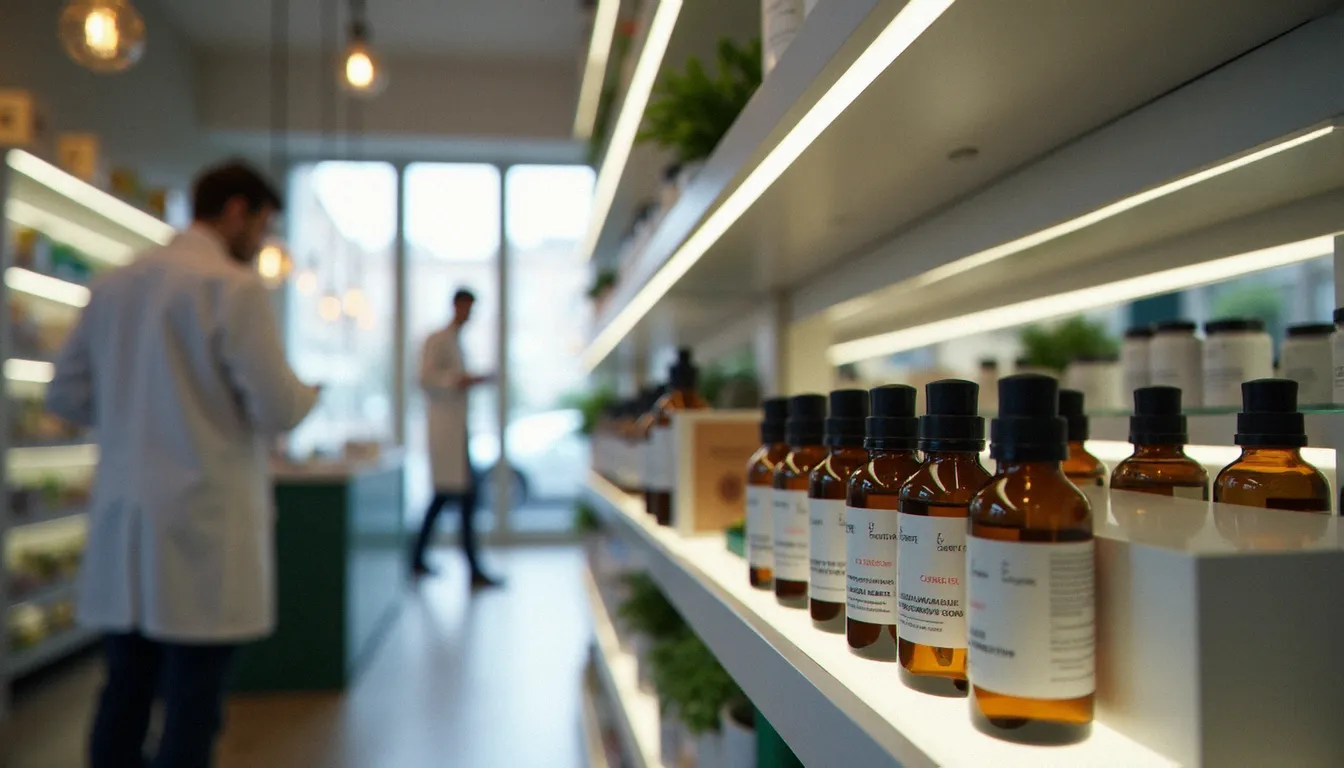 Rayon de pharmacie française présentant des produits à base de CBD légalement commercialisés, illustrant le cadre légal du cannabidiol en France