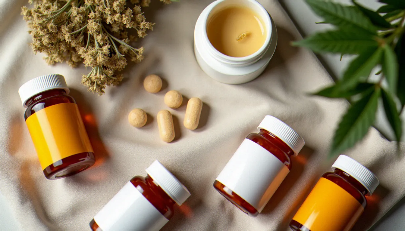 Vue du dessus de différents formats de produits CBD discount disposés sur tissu en lin naturel