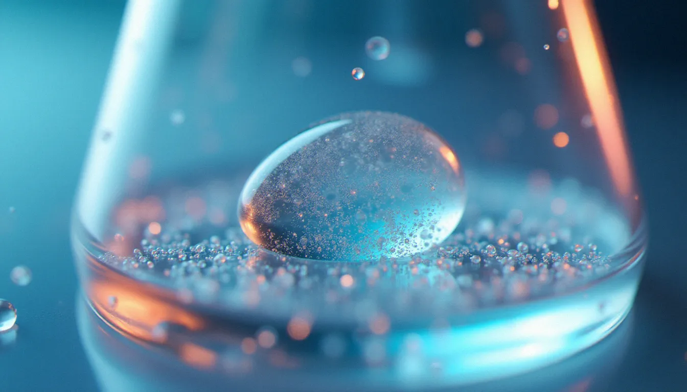 Vue macro de particules de nano-émulsion de CBD en suspension dans un liquide transparent, illustrant le processus de solubilisation du CBD dans l'eau
