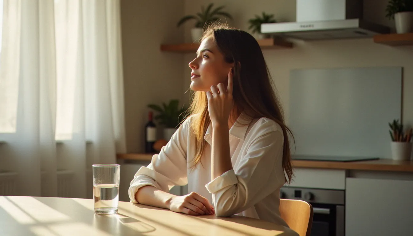 Femme sereine tenant un verre d'eau au CBD dans une cuisine lumineuse, illustrant la consommation quotidienne de CBD eau comme complément bien-être