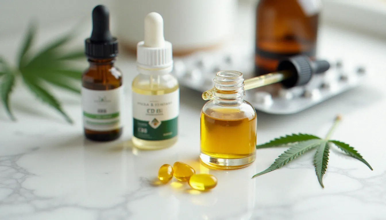 Gros plan de différentes formes de produits CBD disponibles en pharmacie : huiles sublinguales, capsules et feuilles de chanvre sur fond blanc