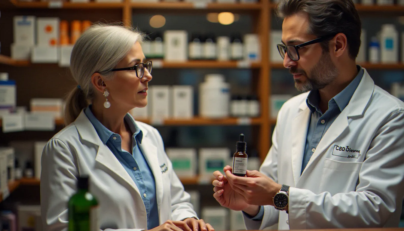 Une cliente discutant avec un pharmacien qui lui présente un flacon d'huile CBD, illustrant le conseil pharmaceutique personnalisé en officine