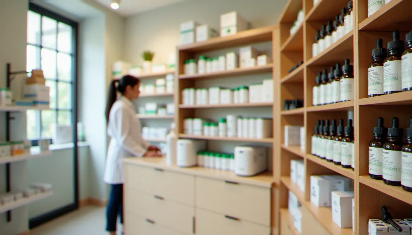 Intérieur d'une pharmacie française avec des produits CBD en rayon, incluant des flacons d'huile de CBD et un pharmacien en blouse blanche