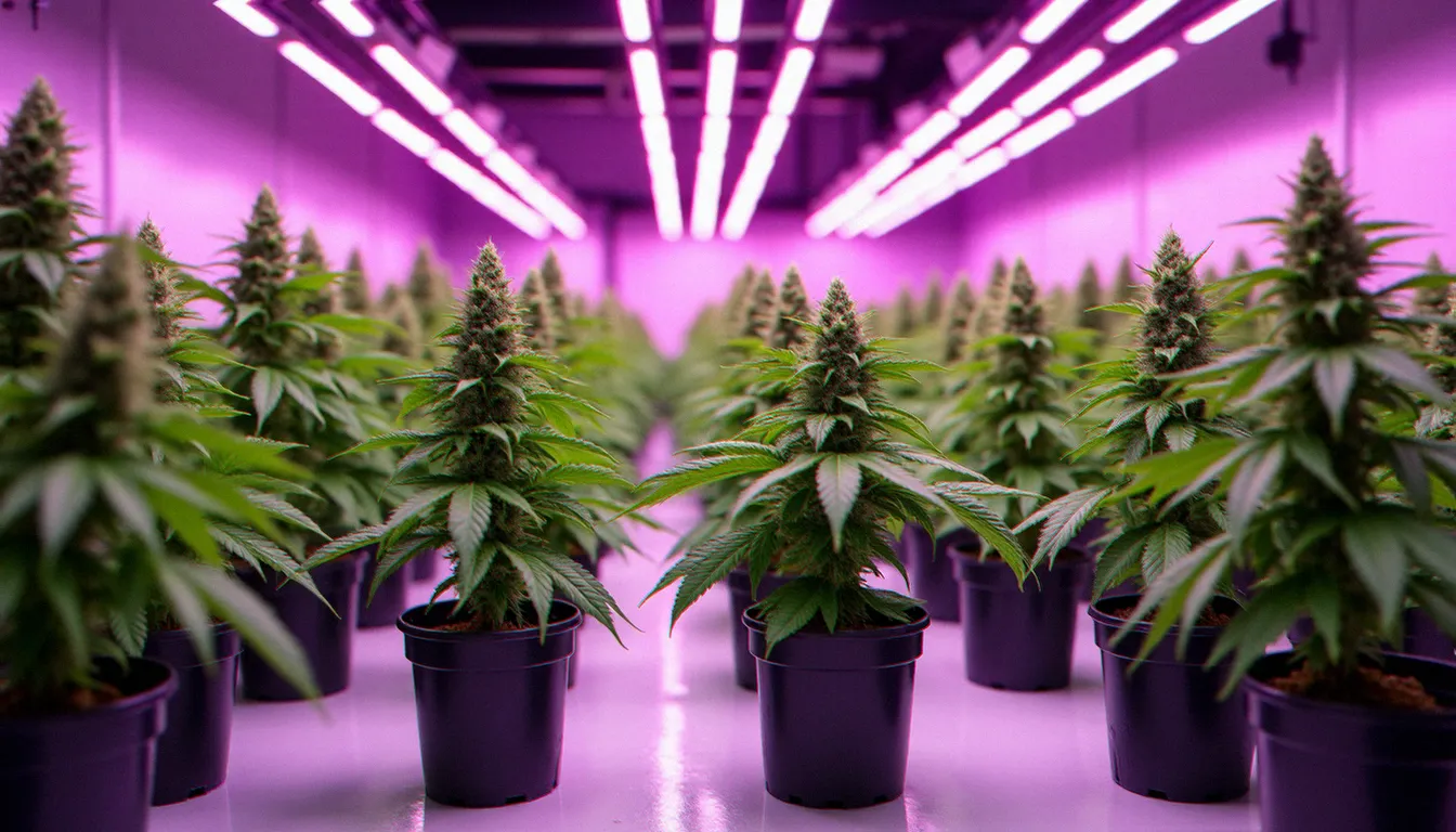 Culture intérieure de chanvre CBD sous éclairage LED dans un espace de culture professionnel, avec plants en pots et inflorescences denses