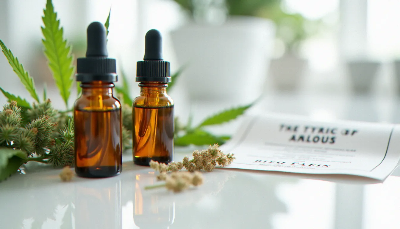 Flacons d'huile de CBD issus d'un cbd garden alignés sur une table de laboratoire avec certificat d'analyse et fleurs de chanvre brutes
