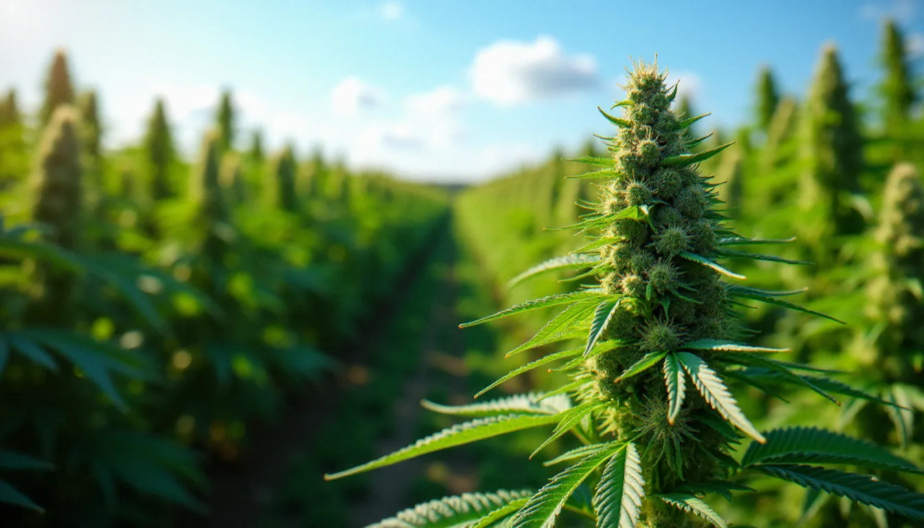 Rangées de plants de chanvre CBD en fleurs dans un cbd garden extérieur sous lumière matinale, avec gros plan sur les inflorescences riches en trichomes