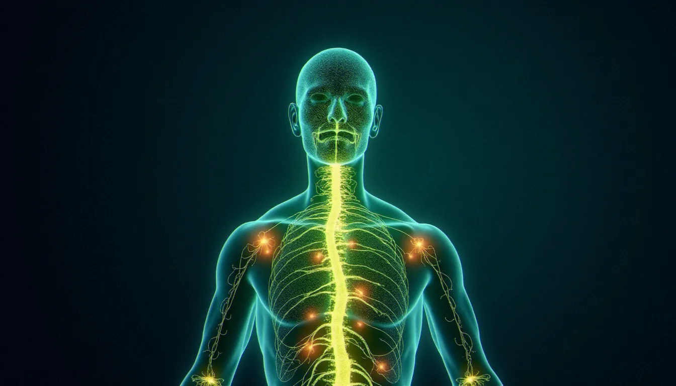 Représentation visuelle du système endocannabinoïde humain avec des points de connexion lumineux illustrant l'interaction du CBD avec les récepteurs du corps