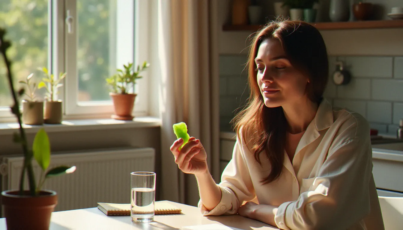 Femme d'une trentaine d'années tenant un CBD gummy entre ses doigts à une table de cuisine lumineuse, illustrant une prise quotidienne calme et routinière