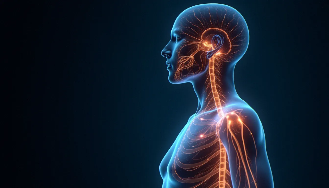 Représentation visuelle du système endocannabinoïde humain avec des voies nerveuses illuminées en bleu et or sur fond sombre, illustrant le mécanisme d'action du CBD dans l'organisme