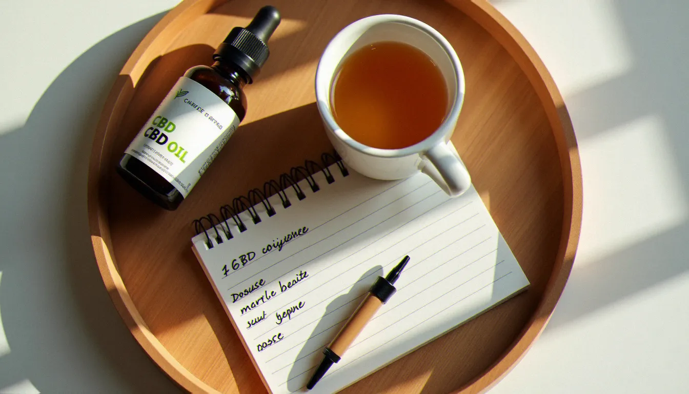 Vue de dessus d'un plateau en bois avec un flacon d'huile de CBD, un carnet de notes sur le dosage, une pipette graduée et une tasse de tisane dans une lumière matinale naturelle
