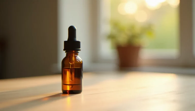 Flacon compte-gouttes d'huile de CBD en verre ambré posé sur une surface en bois clair, avec une goutte dorée suspendue à l'embout du compte-gouttes