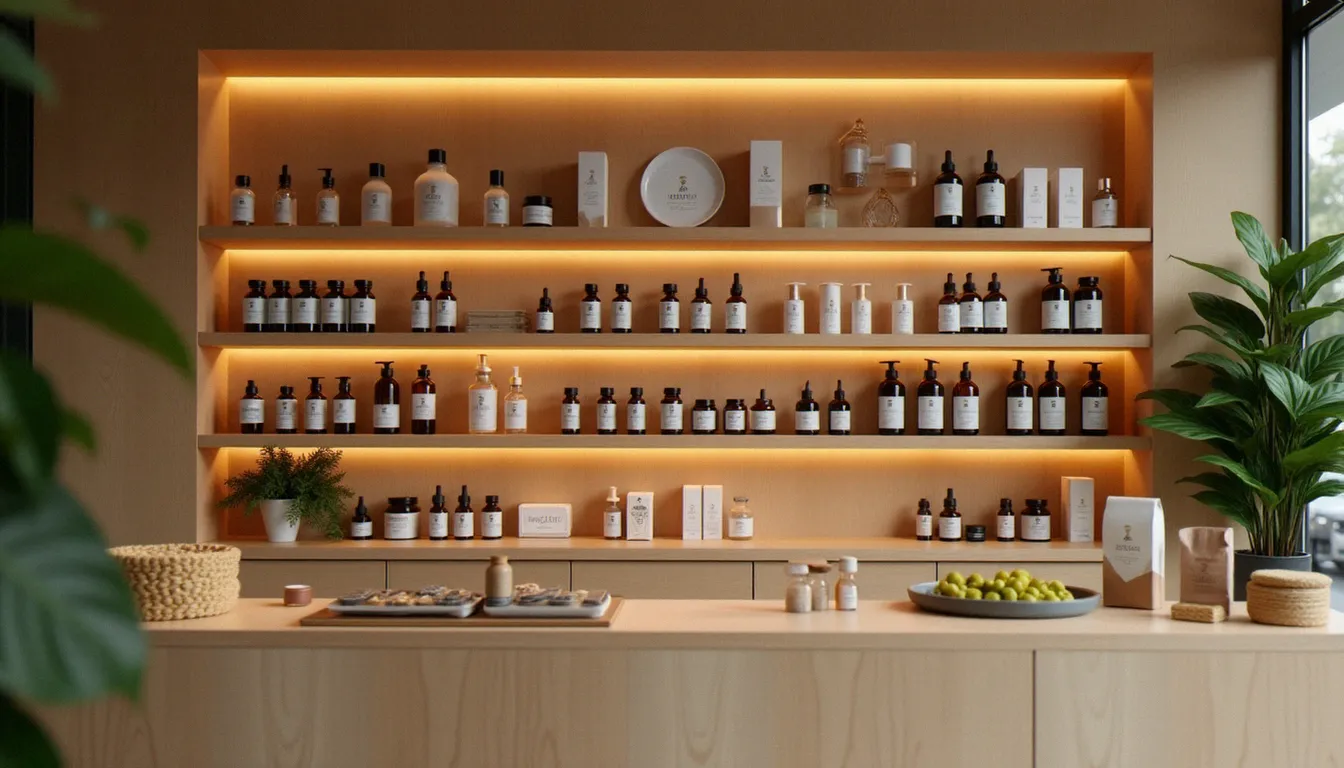 Intérieur d'une boutique CBD moderne avec des produits en rayon, représentant un point de vente de CBD à Lille