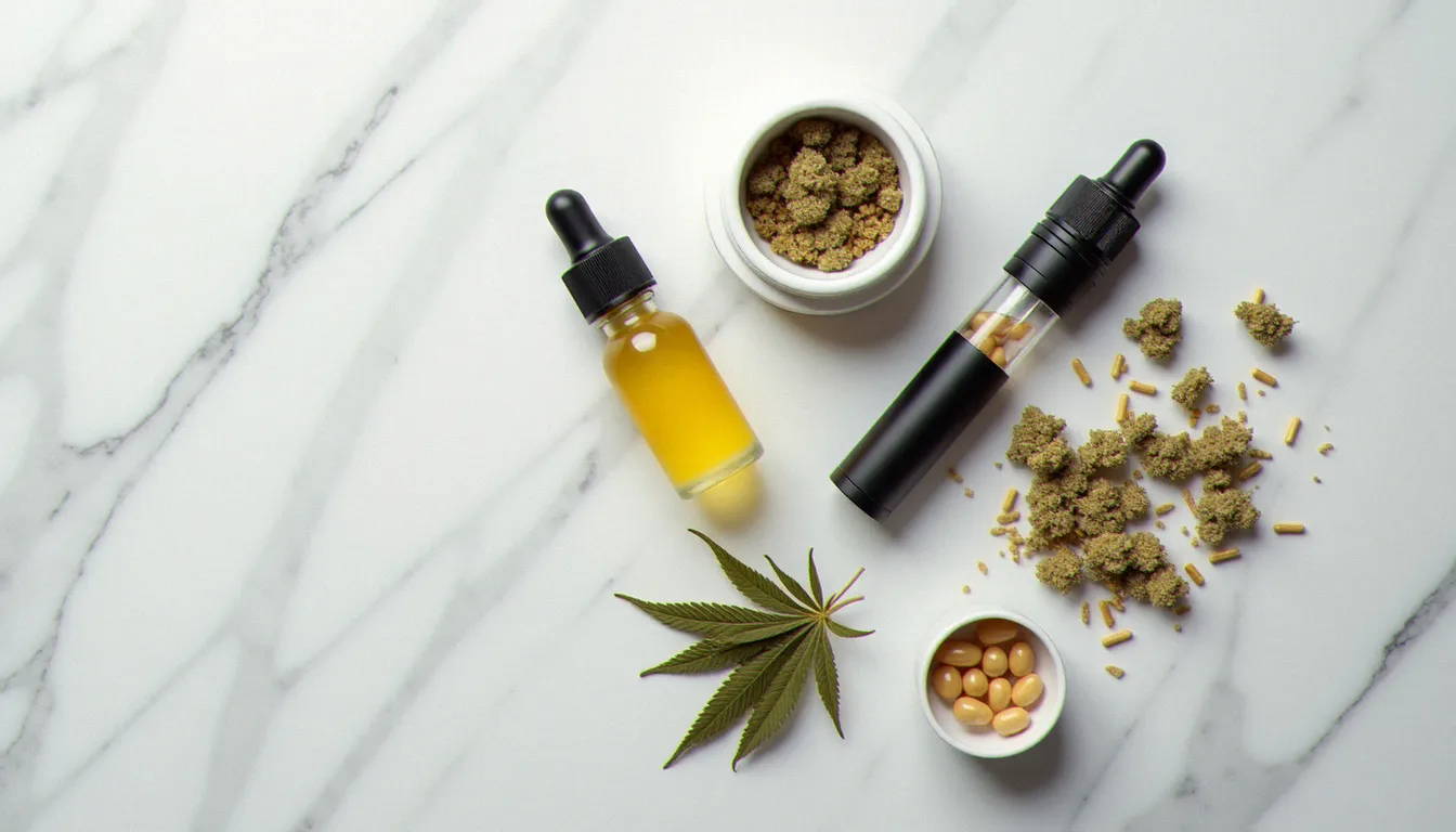 Différents formats de CBD présentés en flat lay : huile, gélules, vaporisateur, crème et fleurs de chanvre séchées