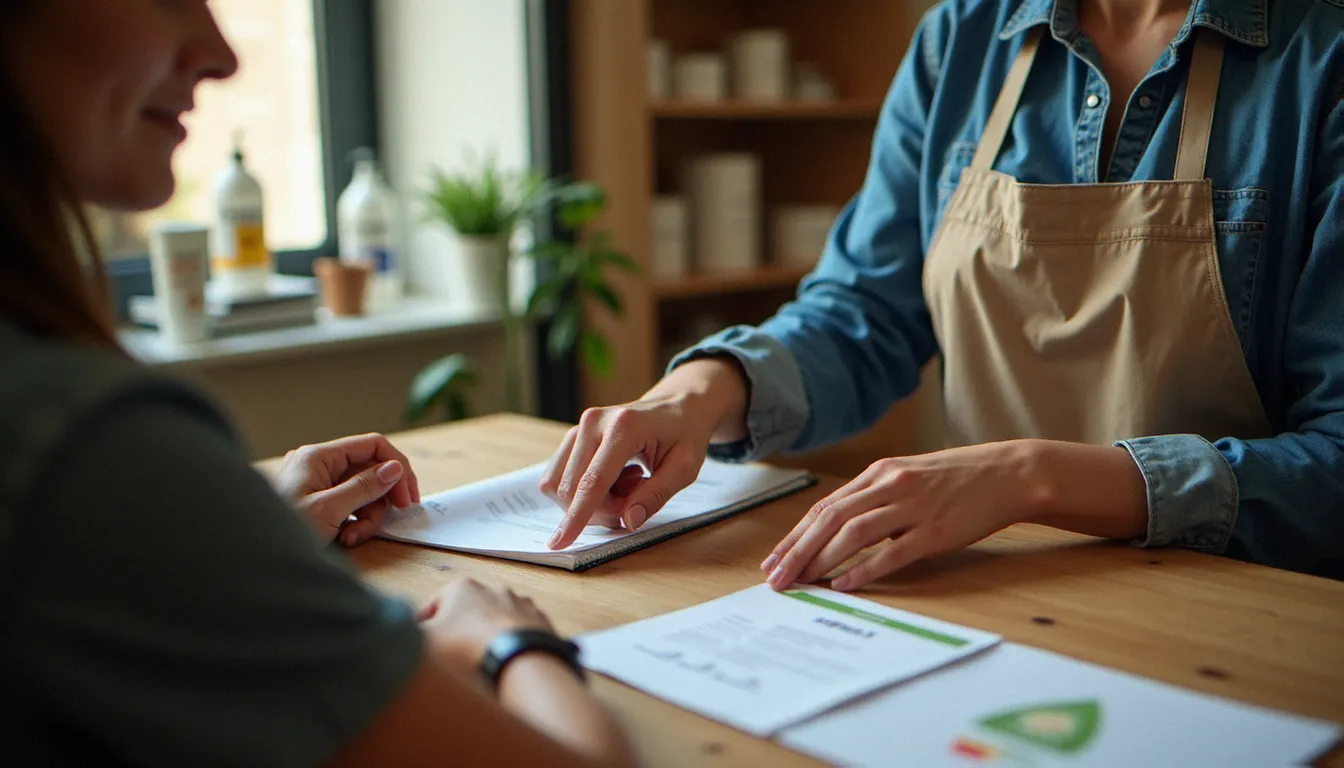 Vendeur présentant un certificat d'analyse de laboratoire à un client dans une boutique CBD de Montpellier