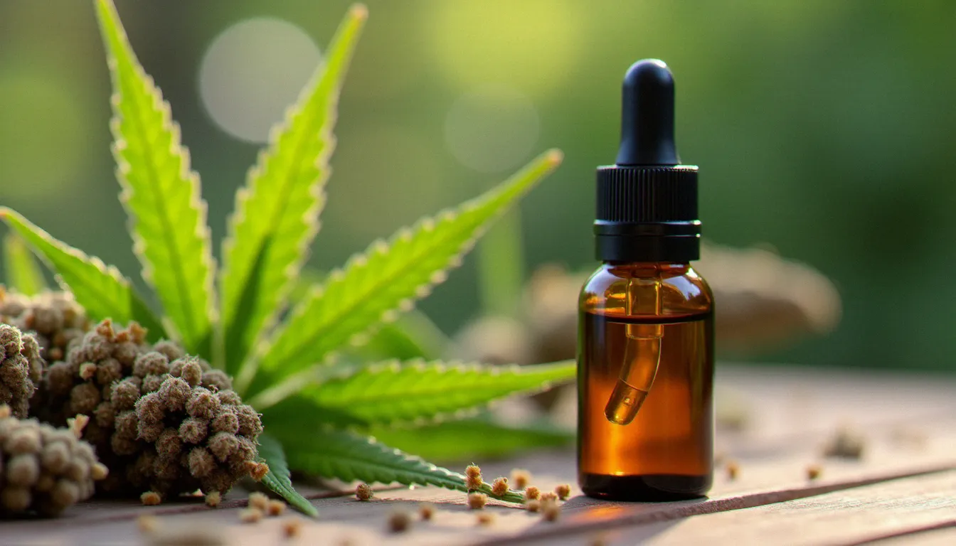 Flacon d'huile de CBD et fleurs de chanvre séchées sur une surface en bois avec une lumière naturelle méditerranéenne