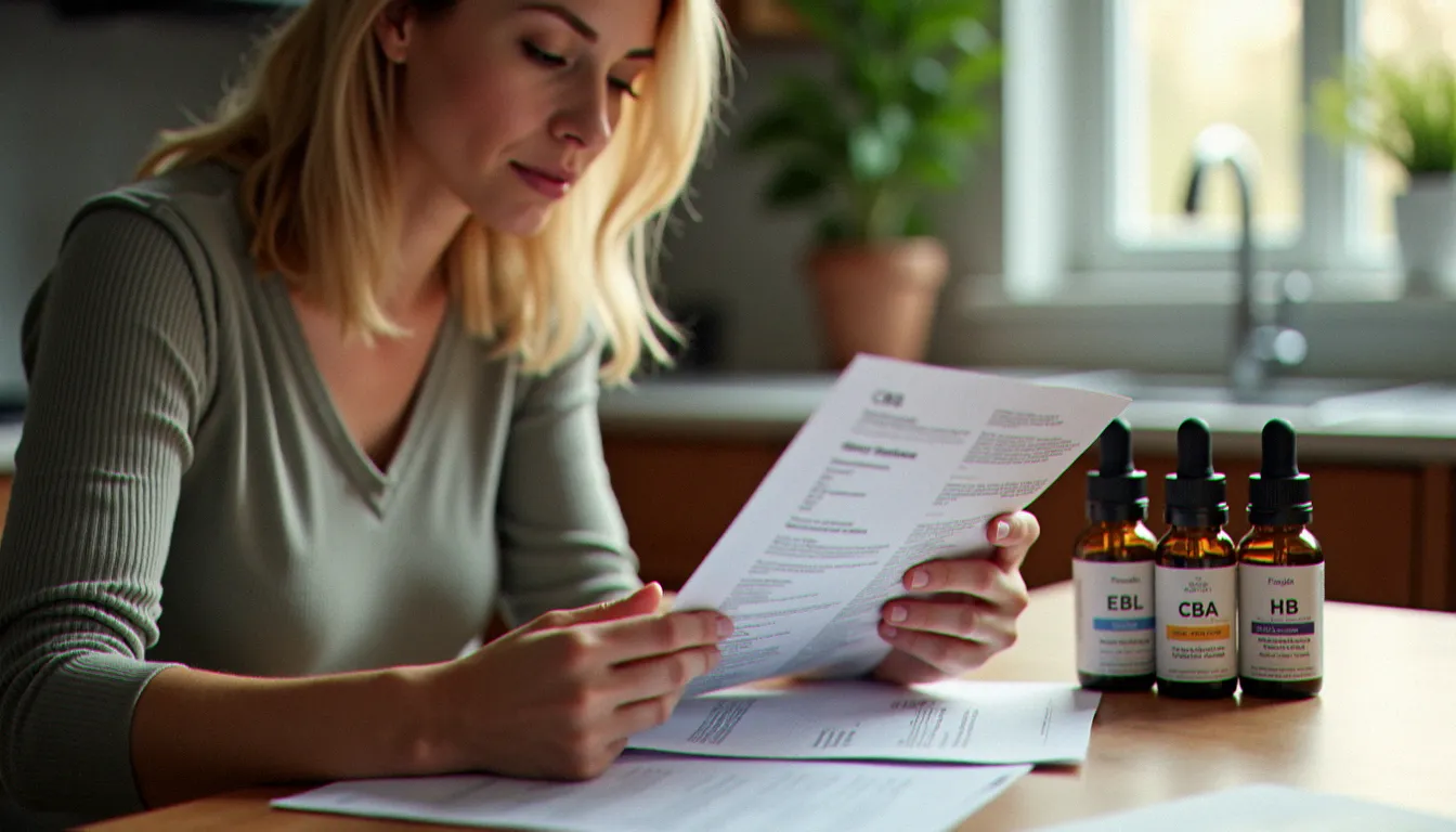 Femme consultant un certificat d'analyse de produit CBD à côté de plusieurs flacons d'huile de CBD à différentes concentrations, illustrant comment choisir une cbd oil de qualité