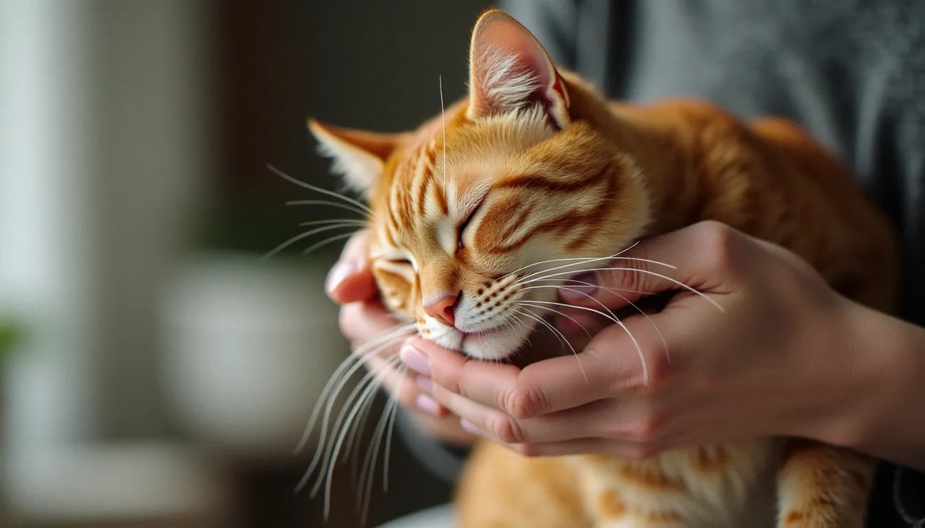 Femme tenant doucement un vieux chat roux aux yeux mi-clos dans un environnement intérieur chaleureux, illustrant le soulagement potentiel du CBD pour chat âgé