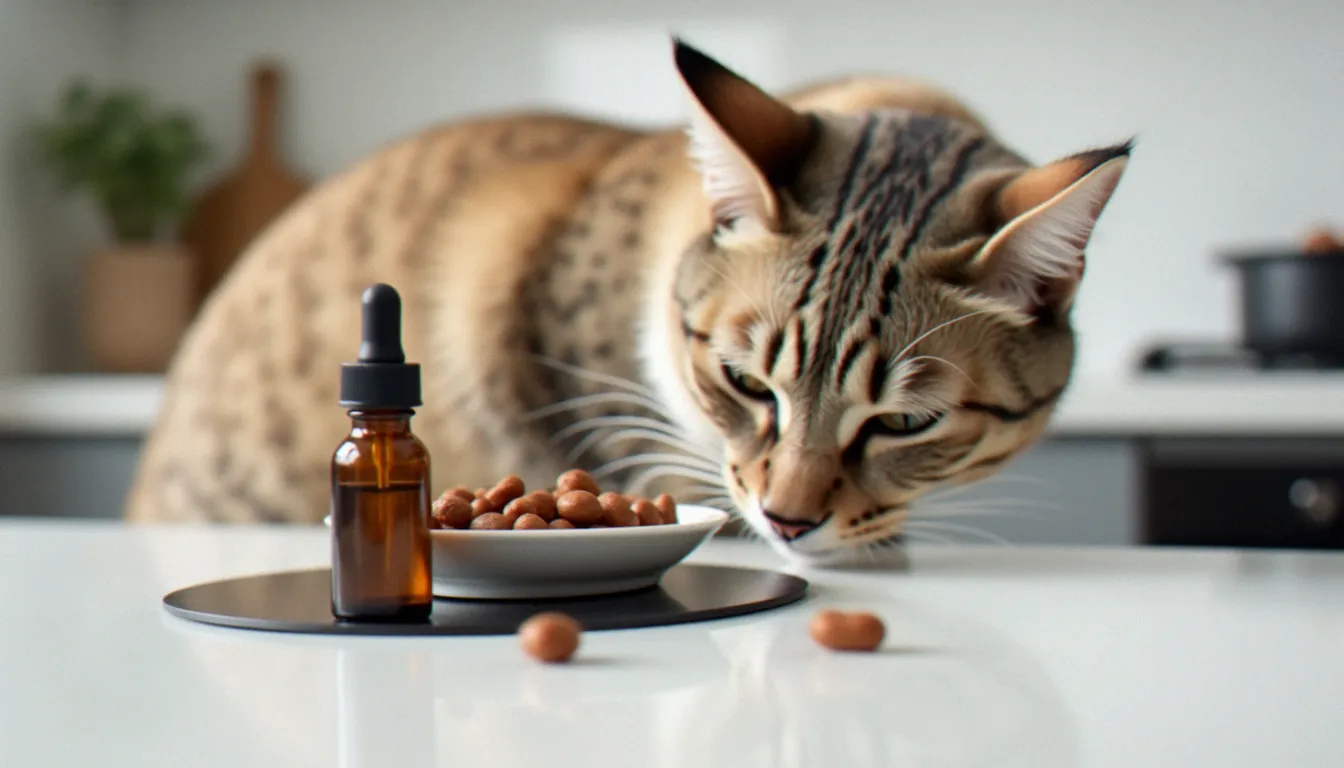Flacon d'huile CBD posé près d'une gamelle de chat sur un plan de travail, un chat curieux reniflant le produit avant sa prise