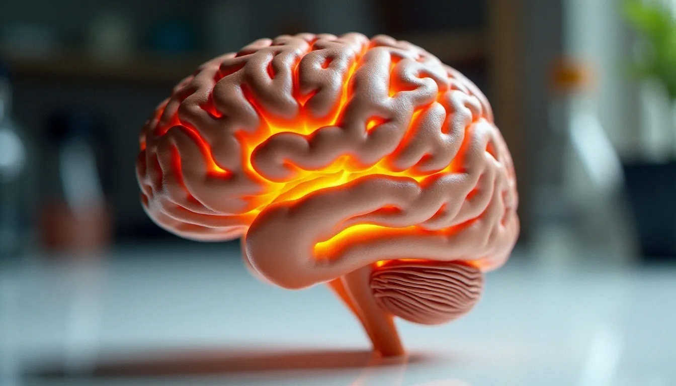 Modèle anatomique du cerveau humain sous éclairage de laboratoire, illustrant les voies neurologiques impliquées dans les effets du CBD